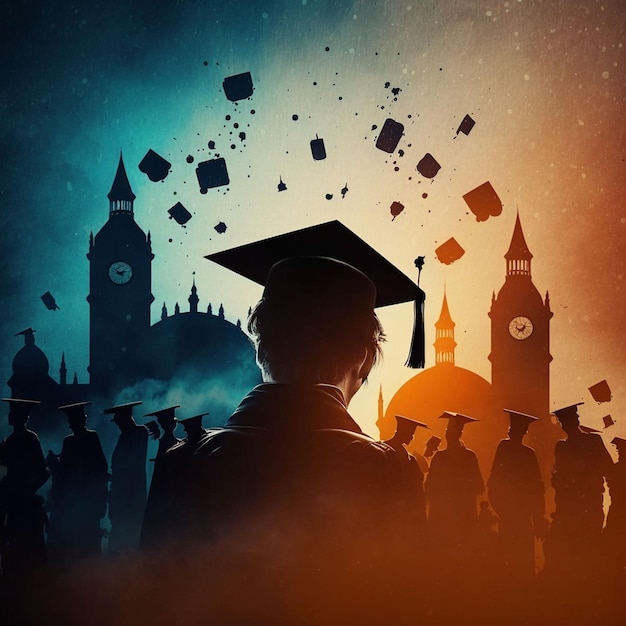 A man in a graduation cap stands in front of a crowd of people.