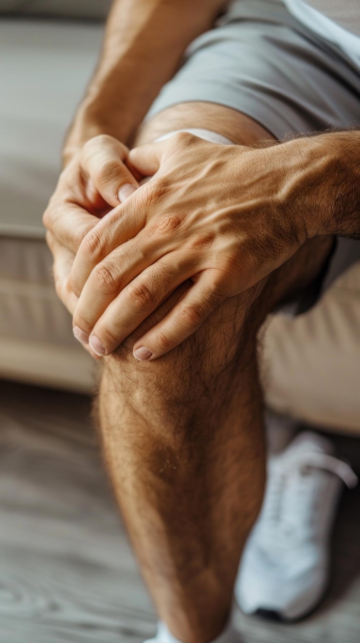 Photo man grappling sore knee medical concept