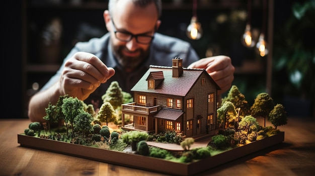 Man grasping a model of a home Bank idea mortgage house loan and real estate insurance