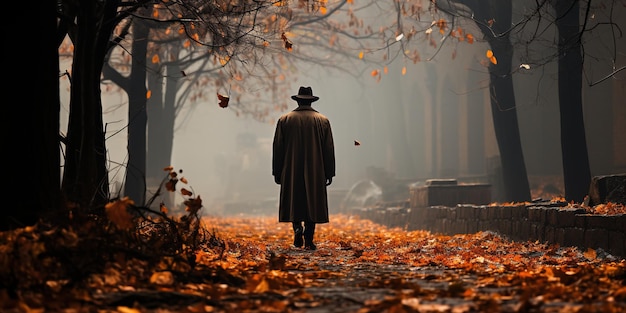 Foto un uomo con un cappotto grigio e un cappello cammina in un giardino magico un parco autunnale con alberi sterili nebbia solitudine e nebbia lo circondano