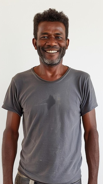 a man in a gray t shirt smiles at the camera