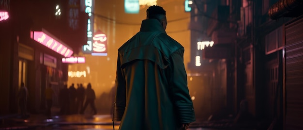 Мужчина в зеленом пальто стоит на улице перед неоновой вывеской с надписью «киберпанк».