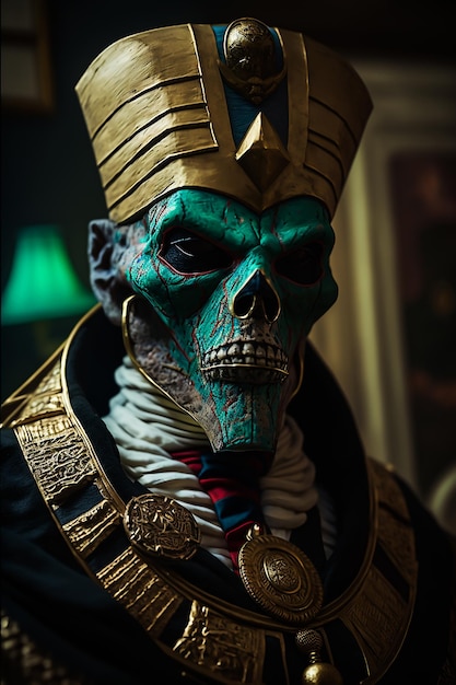 A man in a green and gold costume with a skull on it