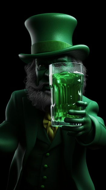 緑の帽子をかぶった男性が緑のビールのグラスを持っています。