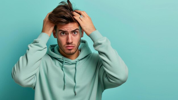 Photo man in a green hoodie holding hair