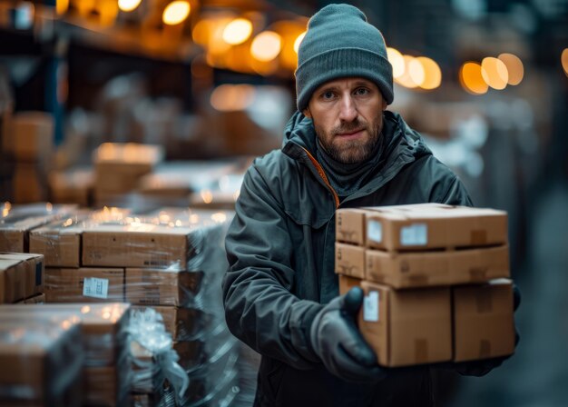 Man in Green Jacket Carrying Boxes