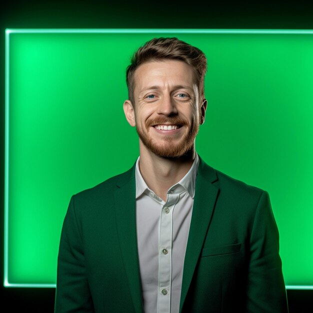 a man in a green jacket smiles in front of a green screen.