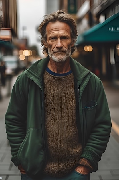 A man in a green jacket stands on the street in front of a green awning that says'the word cafe '