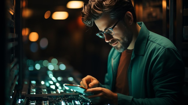 Man in Green Jacket Using Tablet