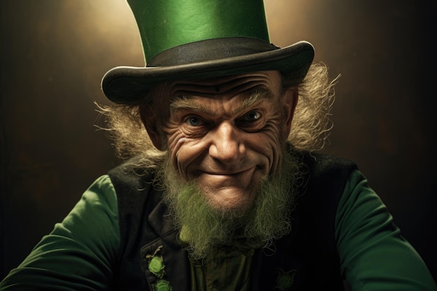 Man in green leprechaun costume with a mischievous expression