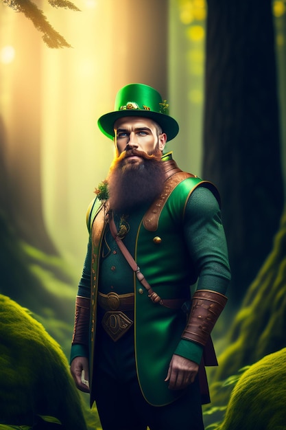 A man in a green leprechaun suit stands in a forest.