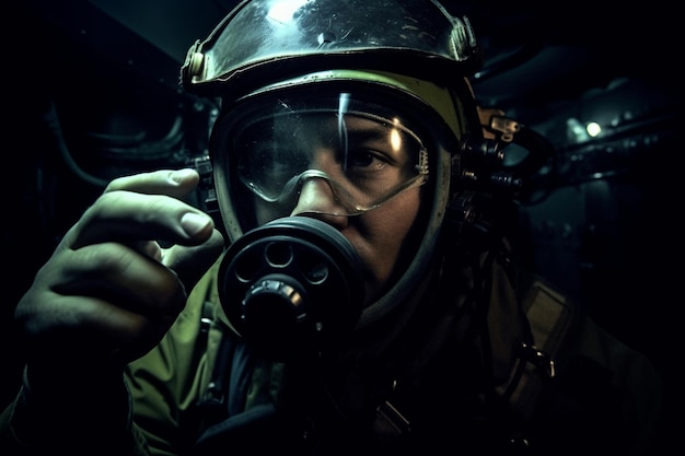 A man in a green military helmet and goggles holds a smokestack in the dark.