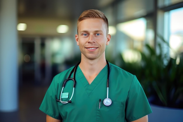 A man in a green scrubs stands in a hospital corridor with a stethoscope