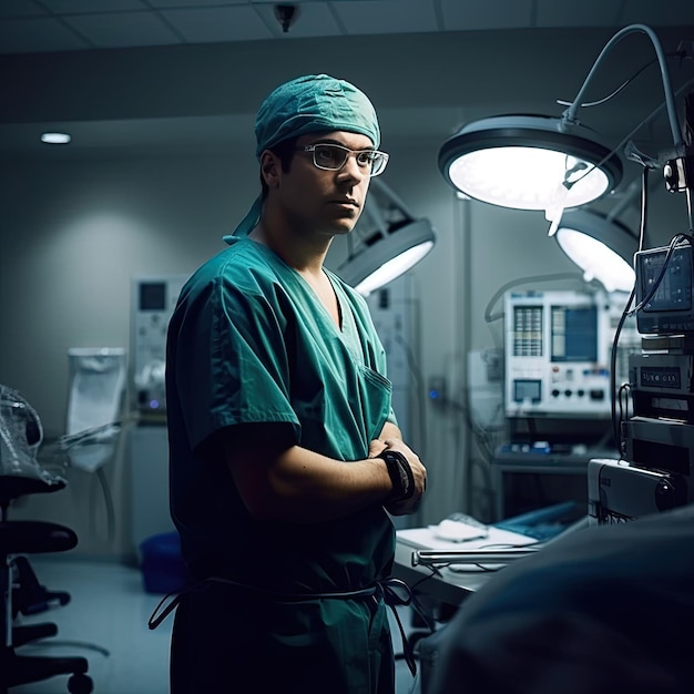 A man in a green scrubs stands in a room with a lamp that says " the word " on it.