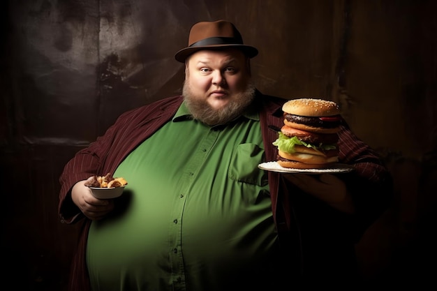 A man in a green shirt holds a plate of hamburgers.