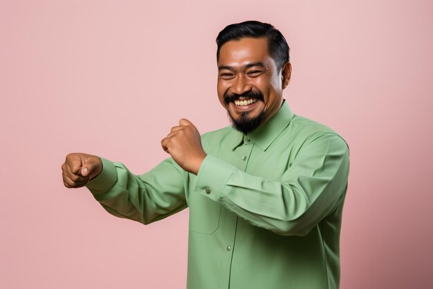 a man in a green shirt is holding his fist up