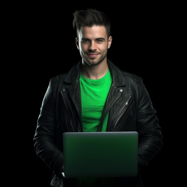 a man in a green shirt is holding a laptop.