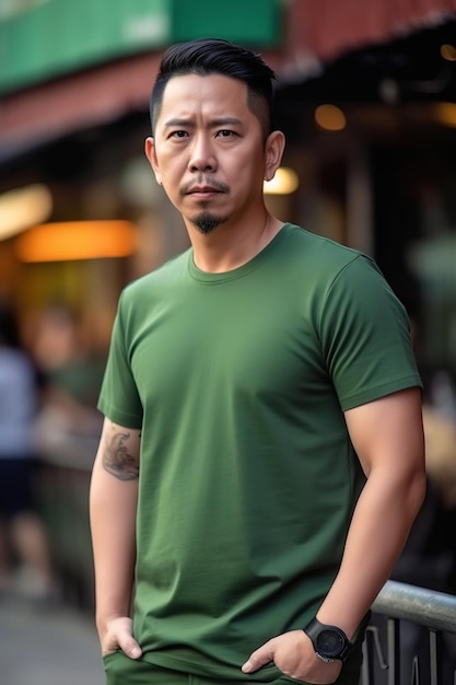 A man in a green shirt stands in front of a storefront.