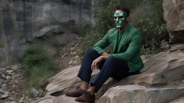 Foto un uomo con una camicia verde e una maschera sul viso