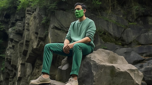 A man in a green shirt with a mask on his face