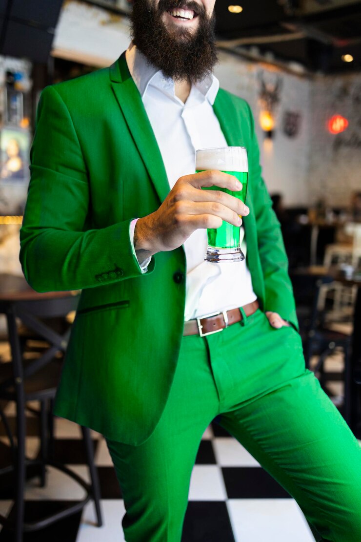 A man in green suit hold a beer for St. Patrick's Day