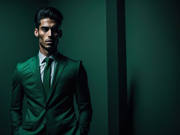 A man in a green suit stands in front of a green wall.