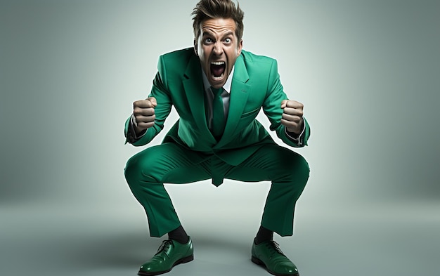 Мужчина в зеленом костюме принимает позу всплеска энергии на белом фоне
