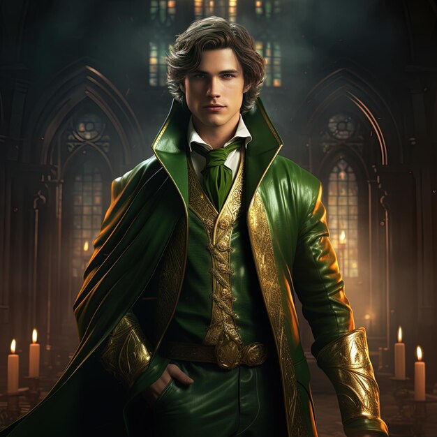 a man in a green suit with a green cape and a green cloak