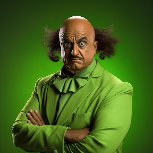 A man in a green suit with a wig and a bow tie