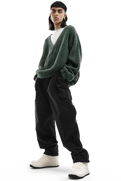 A man in green sweater and black pants poses on white background