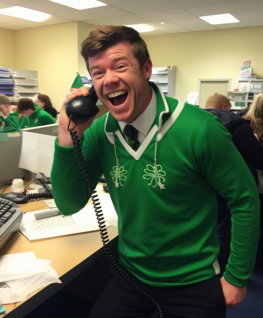 Man in Green Sweater Talking on Phone