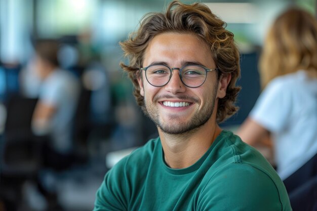 Man in a green tshirt and spectacles who is cheerful Generative Ai