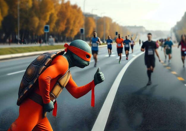 a man in a green turtle mask and orange outfit runs and tries to participate in the running competit