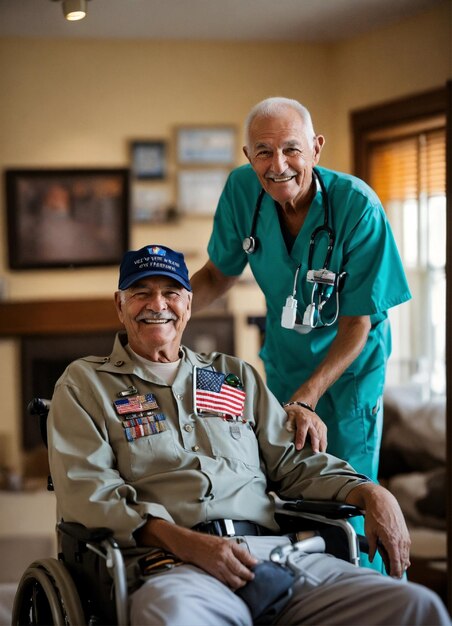 a man in a green uniform is sitting in a wheelchair with an american flag on his chest