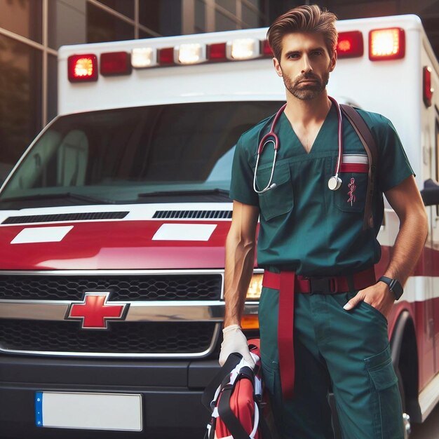 a man in a green uniform stands next to an ambulance