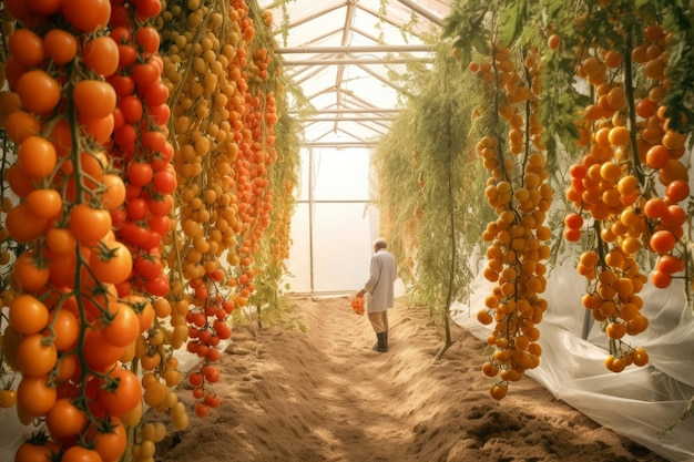 熟したトマトを持つ温室にいる男性 生成 AI