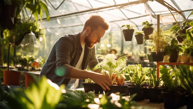 man in a greenhouse