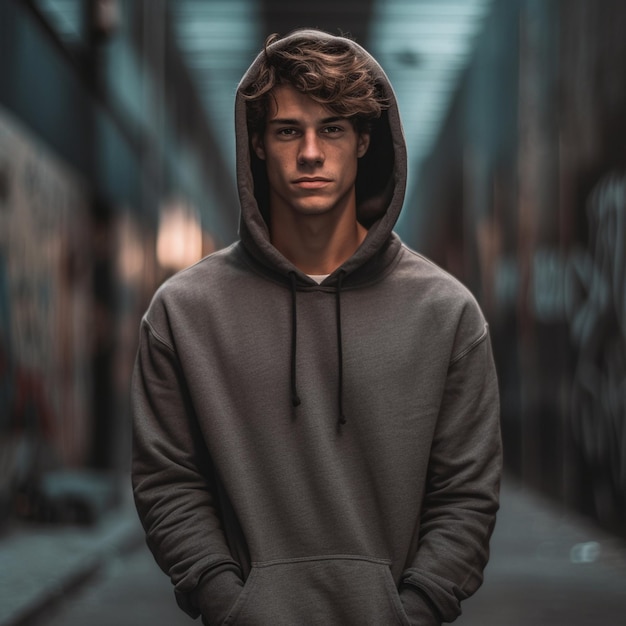 a man in a grey hoodie stands in a dark room.