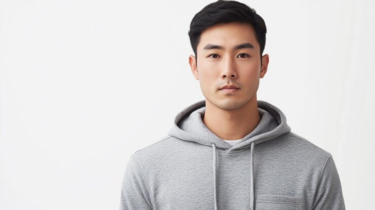 Photo 그 위에 후디가 있는 회색 후디를 입은 남자