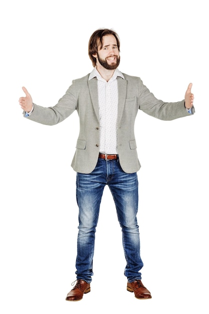 Man in a grey jacket holding two hands in front of him and shows the size on white isolated background in studio