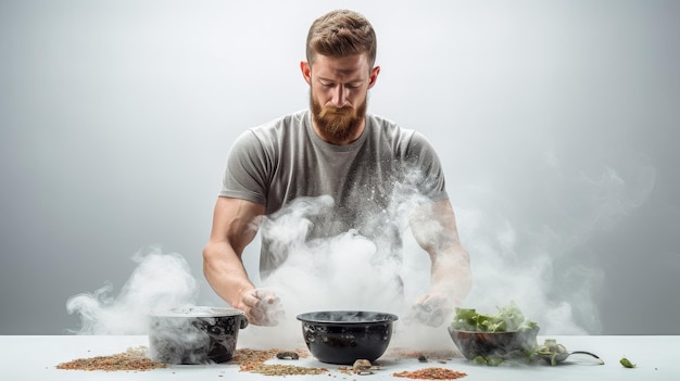 Photo man in grey shirt cooking food on table