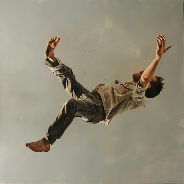 Photo a man in a grey shirt is jumping in the air with a gray shirt on