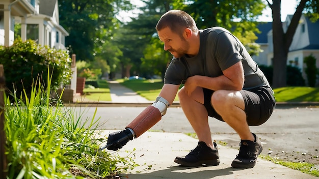 a man in a grey shirt is kneeling down in the grass