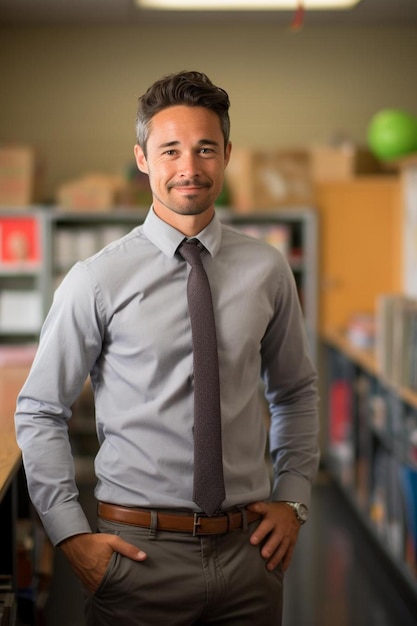 Photo a man in a grey shirt is standing in front of a book shelf