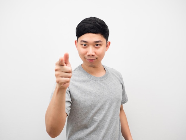 Man grey shirt point finger at you white background