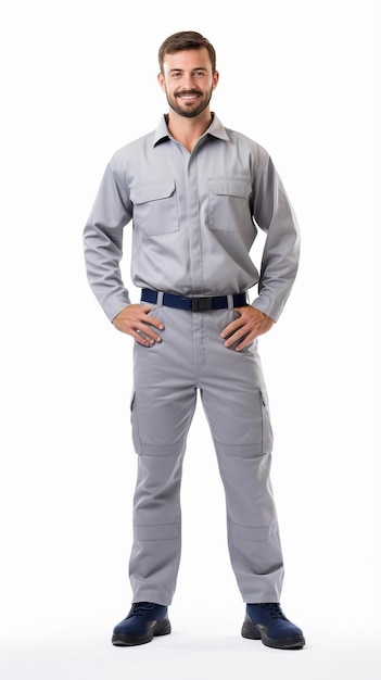 Photo a man in a grey shirt and a shirt with his hands on his hips