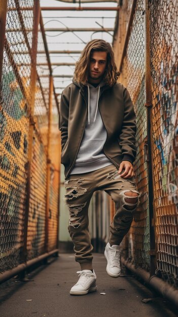 a man in a grey shirt and white sneakers is walking on a bridge.