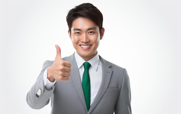 A man in a grey suit gives a thumbs up.
