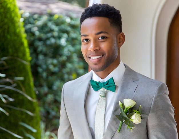 Photo a man in a grey suit and green bow tie