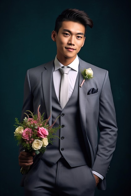 A man in a grey suit holds a bouquet of flowers.